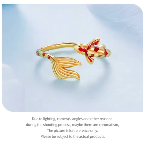 18K Gold Bohemian Lucky Koi Fish Enameled Detailing Ring Open Ring Adjustable - Picture 5 of 11